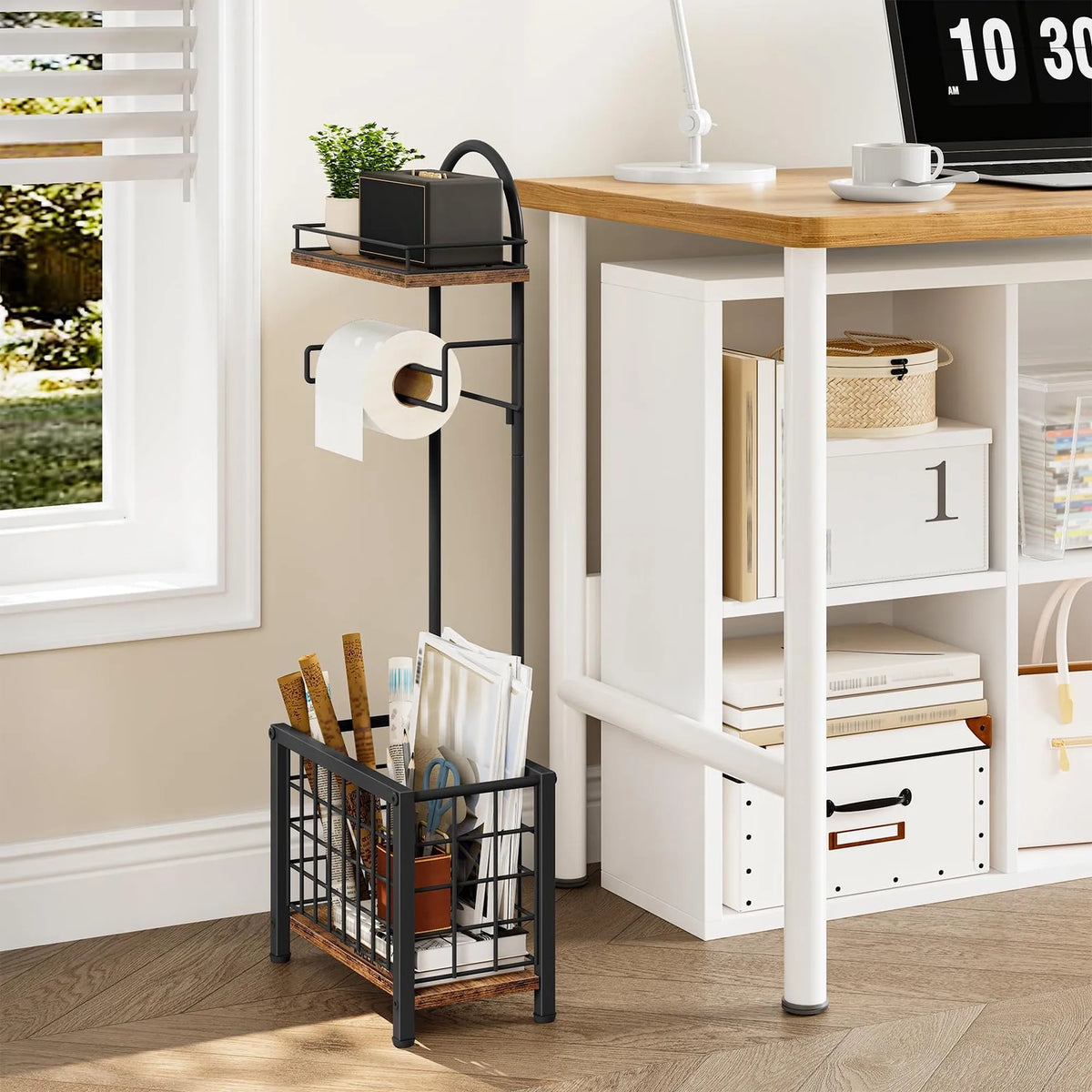 Freestanding Iron Bathroom Toilet Paper Holder With Shelf And Basket