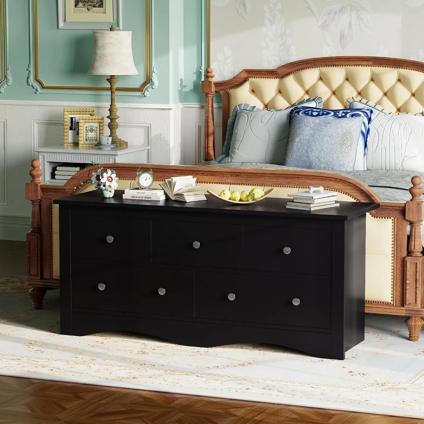 Five Drawer Wood Dresser And Media Storage Console Table