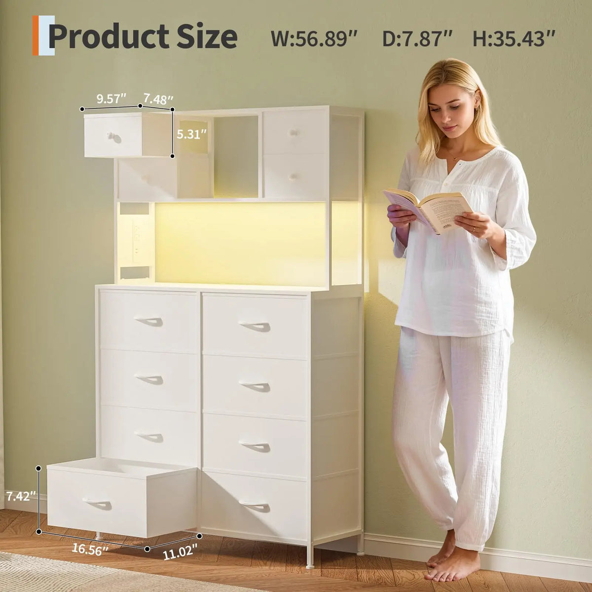 Drawer Dresser With Charging Station And LED Light For Bedroom