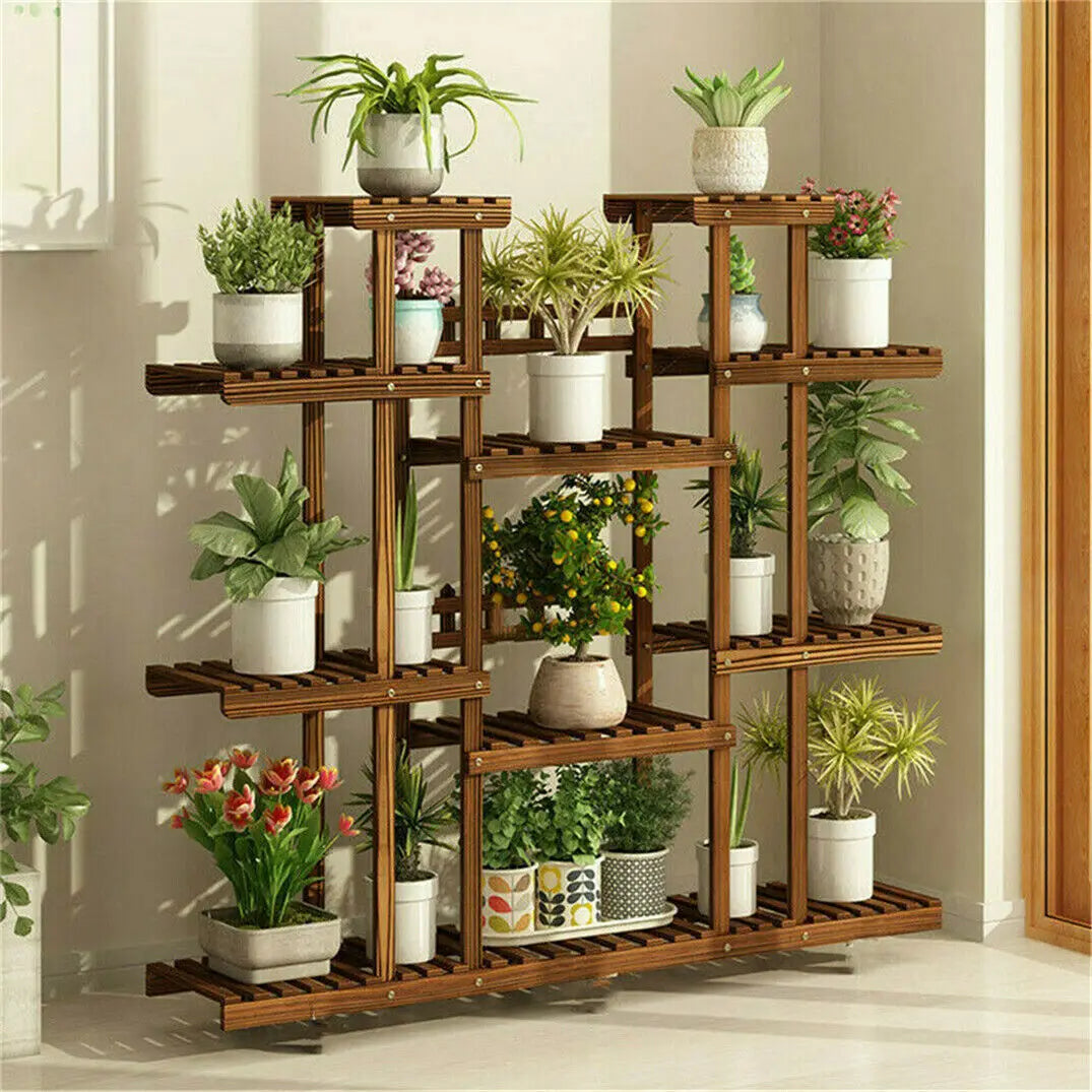 11 Tier Carbonized Wood Plant Stand Display Shelf Indoor Garden