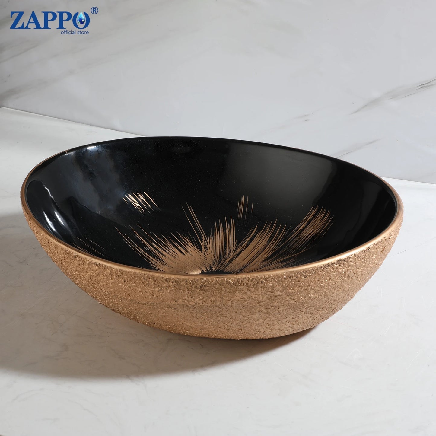MEKKHALA Round Ceramic Vessel Sink Set Antique Brass Waterfall Faucet