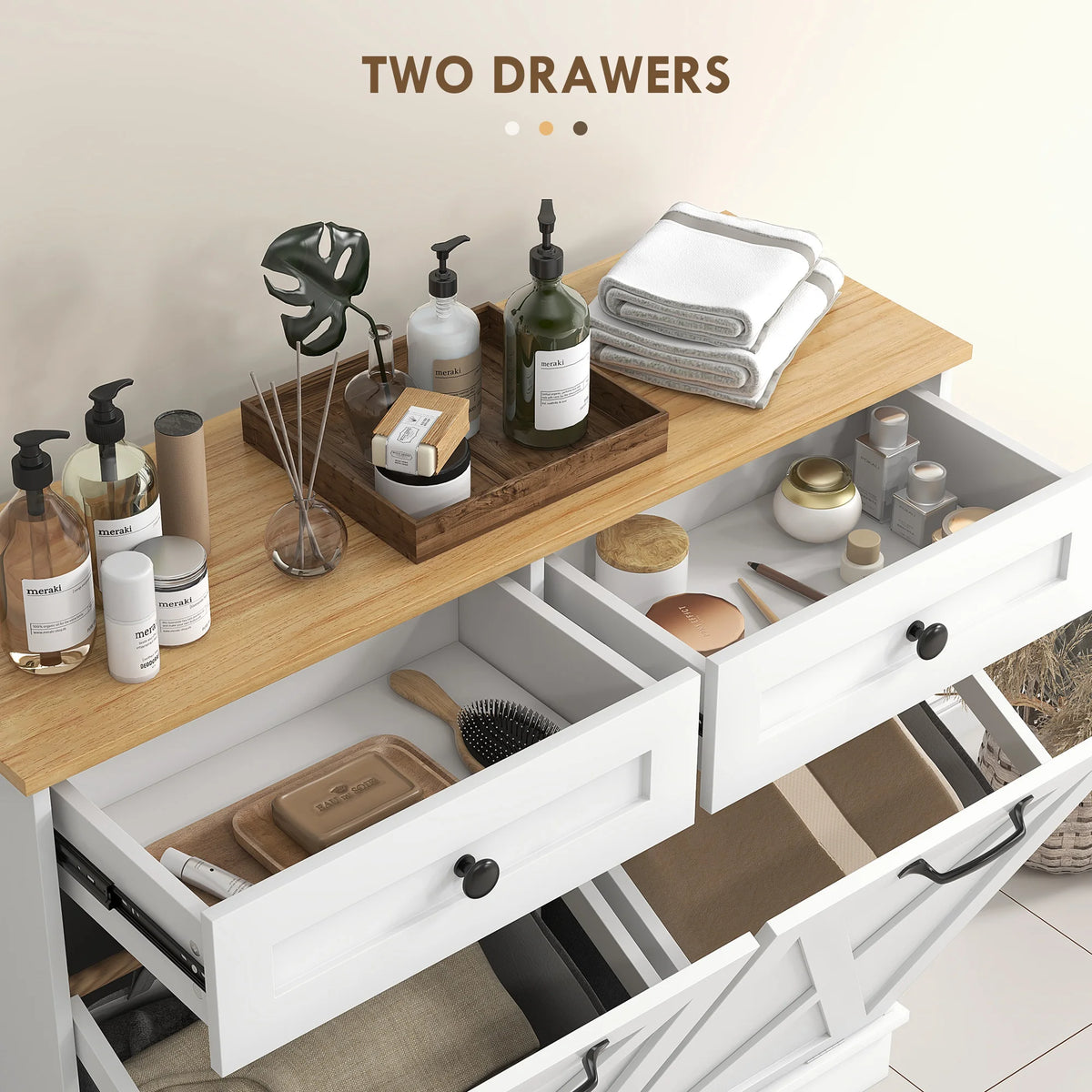HOMCOM Double Tilt Out Laundry Hamper Cabinet With Drawers