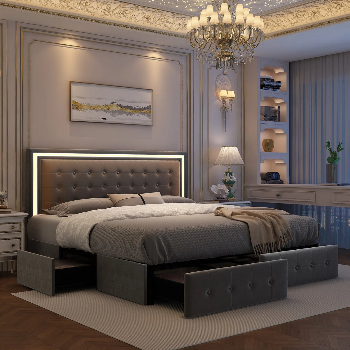 GEGOFORU Bed Frame With 4 Storage Drawers And LED Headboard