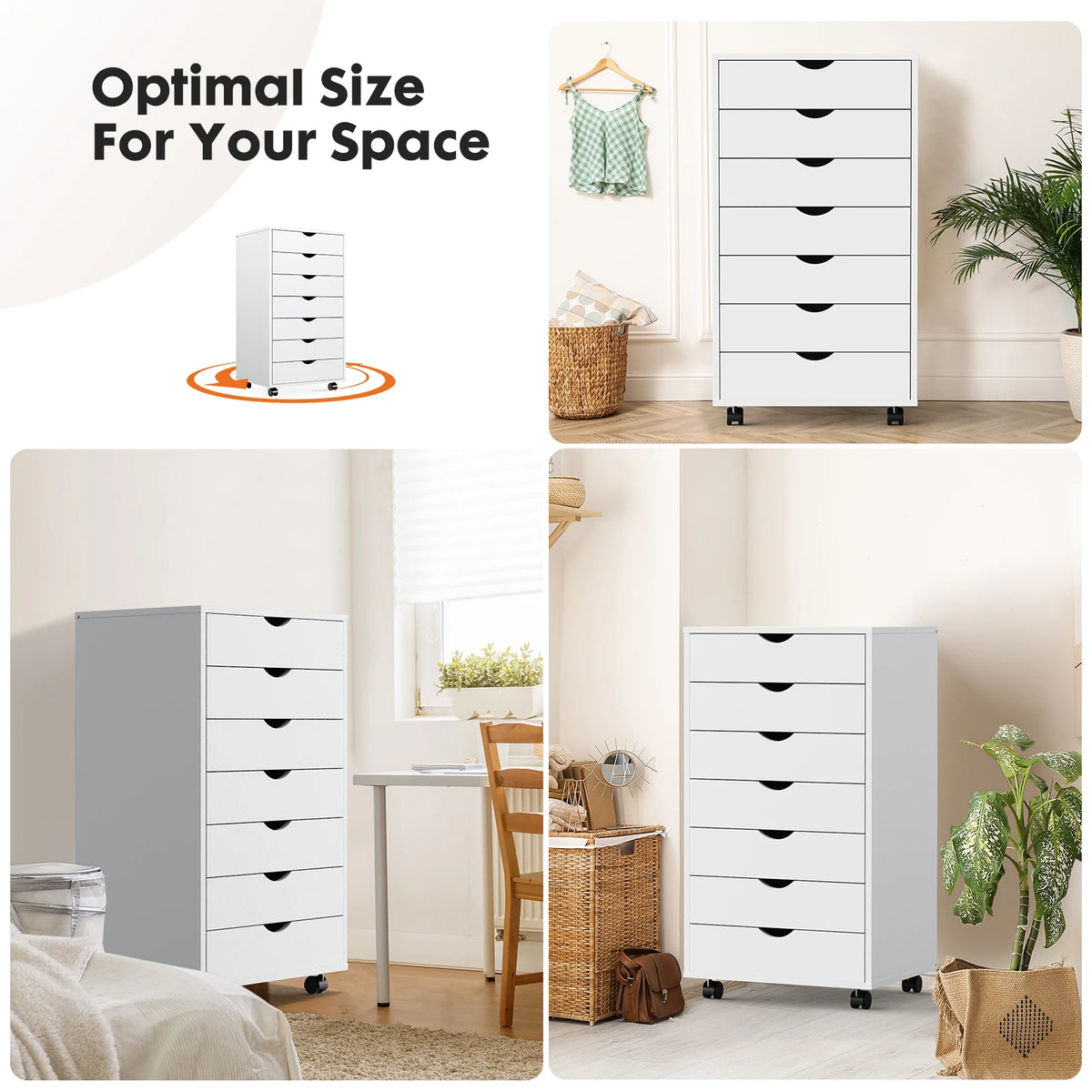 JHK Wooden Drawer Storage Cabinet With Rolling Wheels For Bedroom