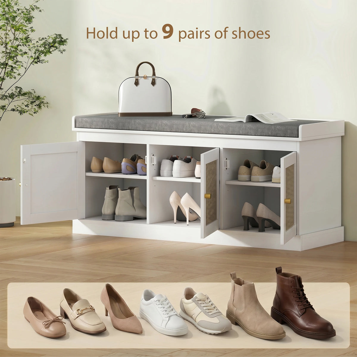 Boho Style Shoe Storage Bench with Woven Rattan Doors Cushion