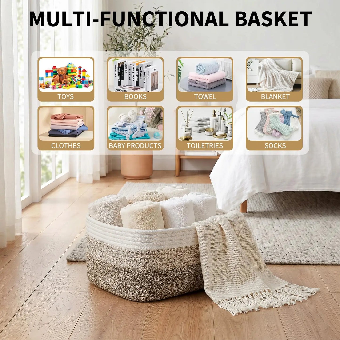 HiMISS Cotton Rope Rectangular Multi Purpose Storage Baskets
