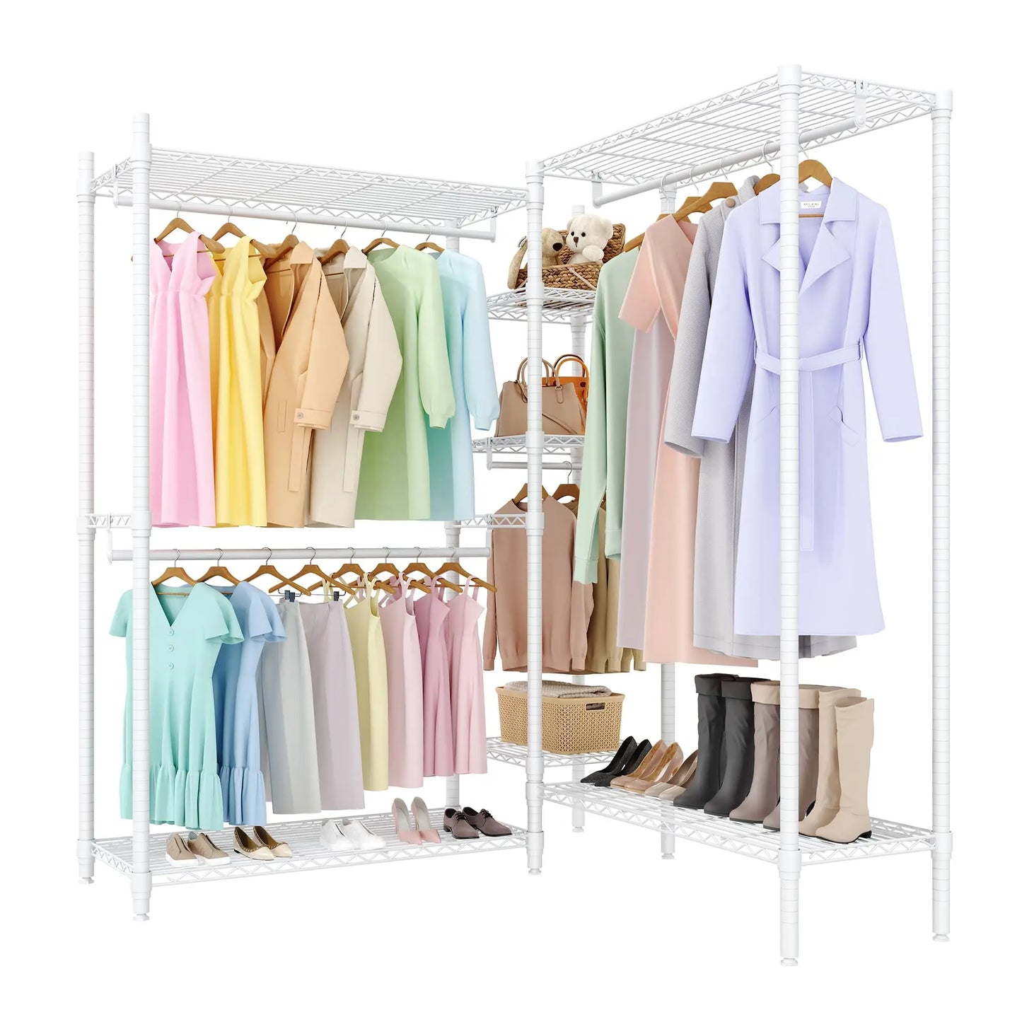 HiMiss Freestanding L Shaped Clothes Rack With Adjustable Shelves