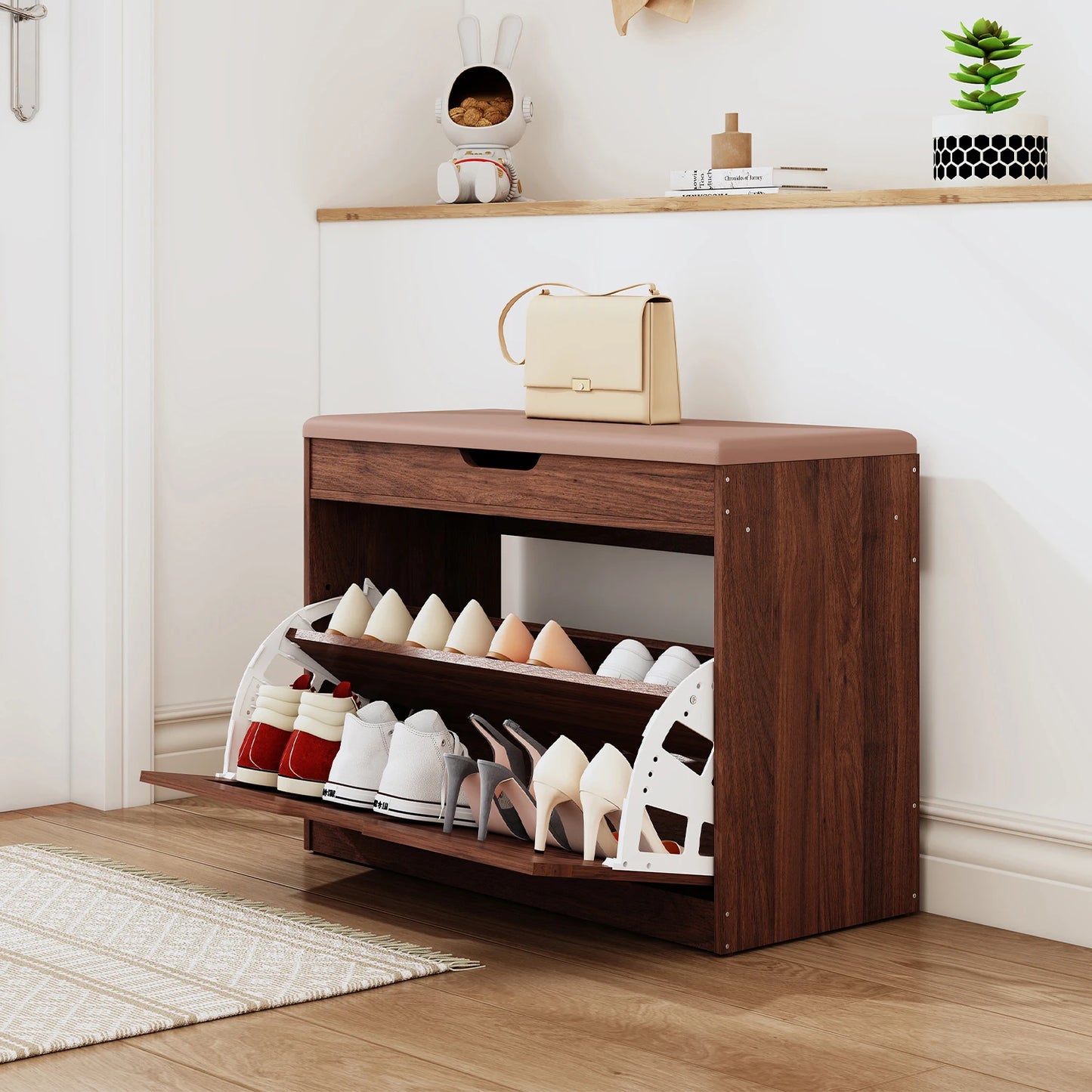 Huisenitre Storage Bench With Flip Drawers Adjustable Shelf