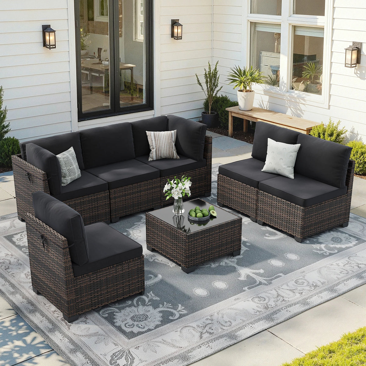 7 Piece Outdoor Rattan Patio Furniture Conversation Set