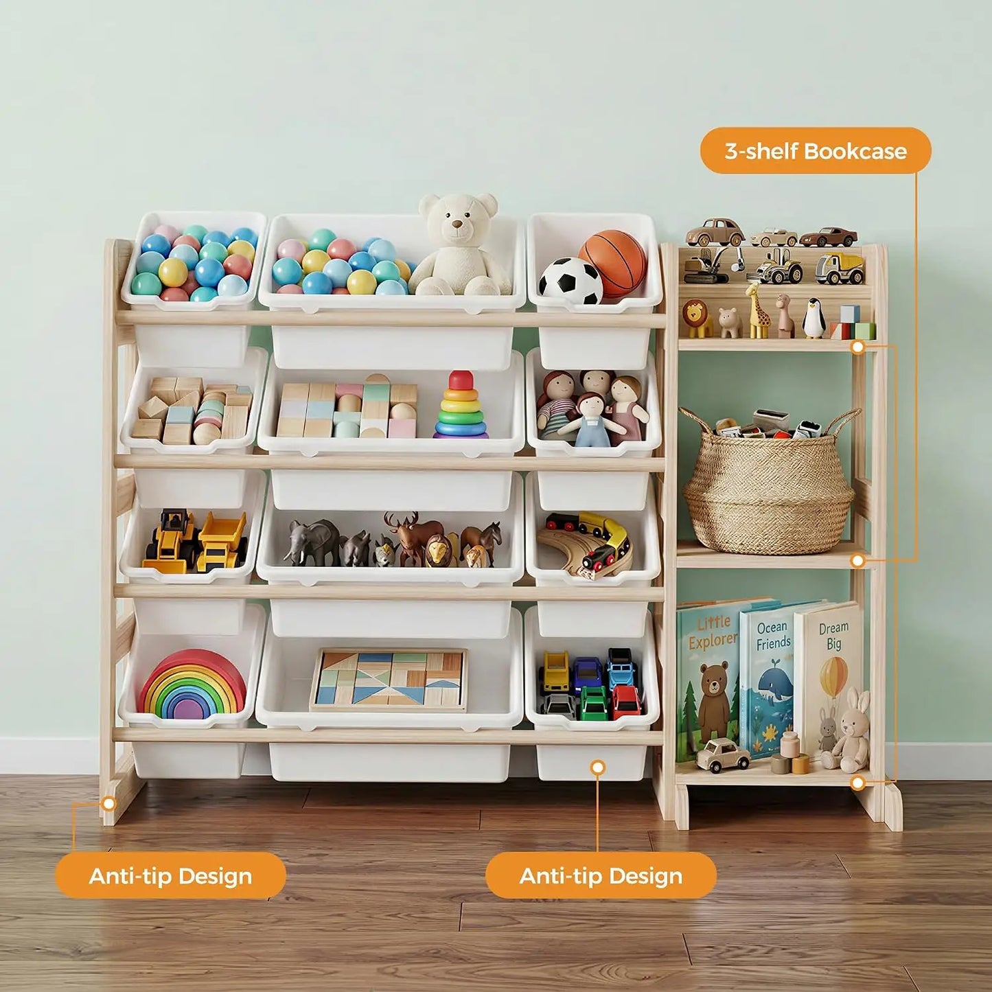 Tacleekii Toy Storage Shelf Featuring Plastic Bins And Wood Units