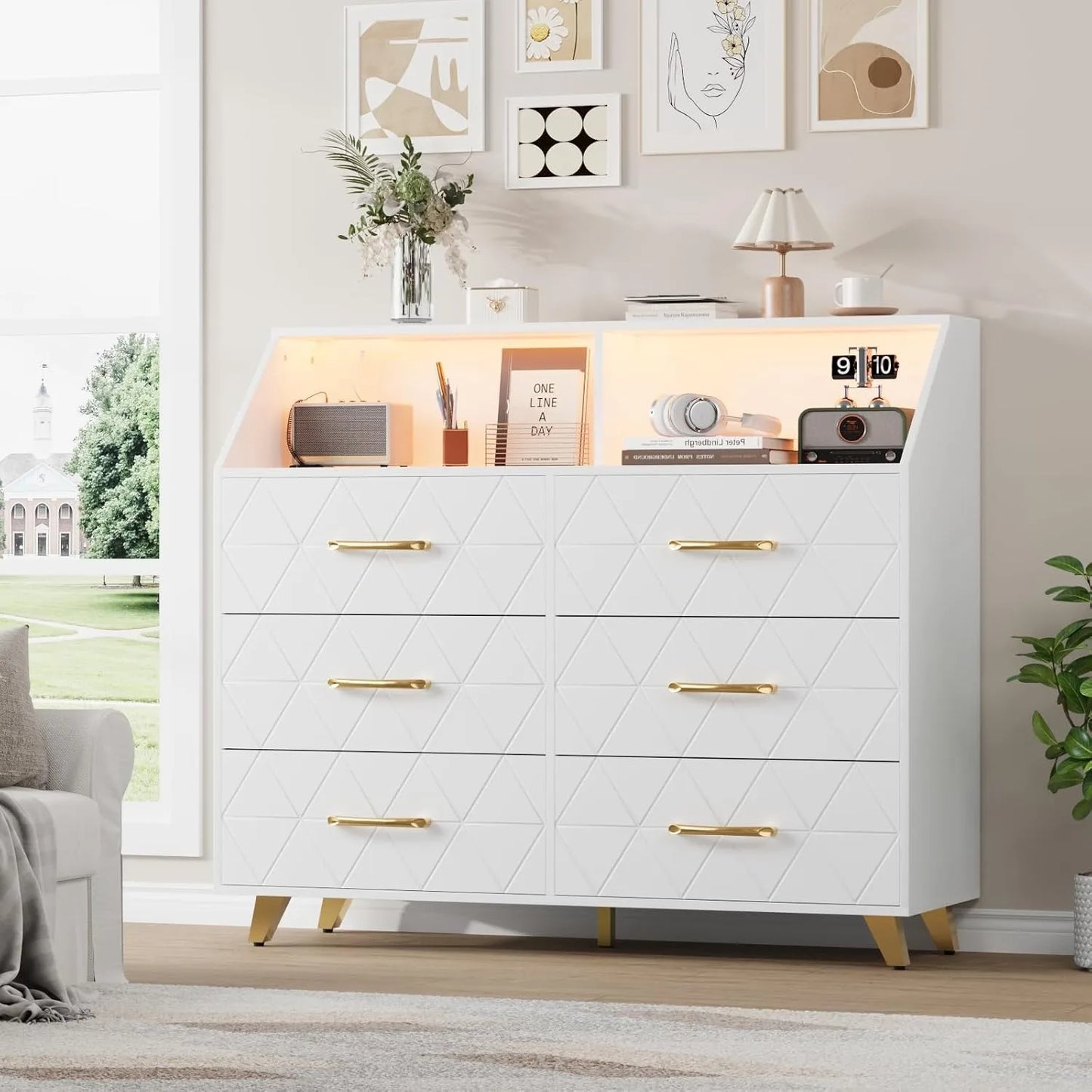 Modern Six Drawer Dresser With LED Lights And Charging Station