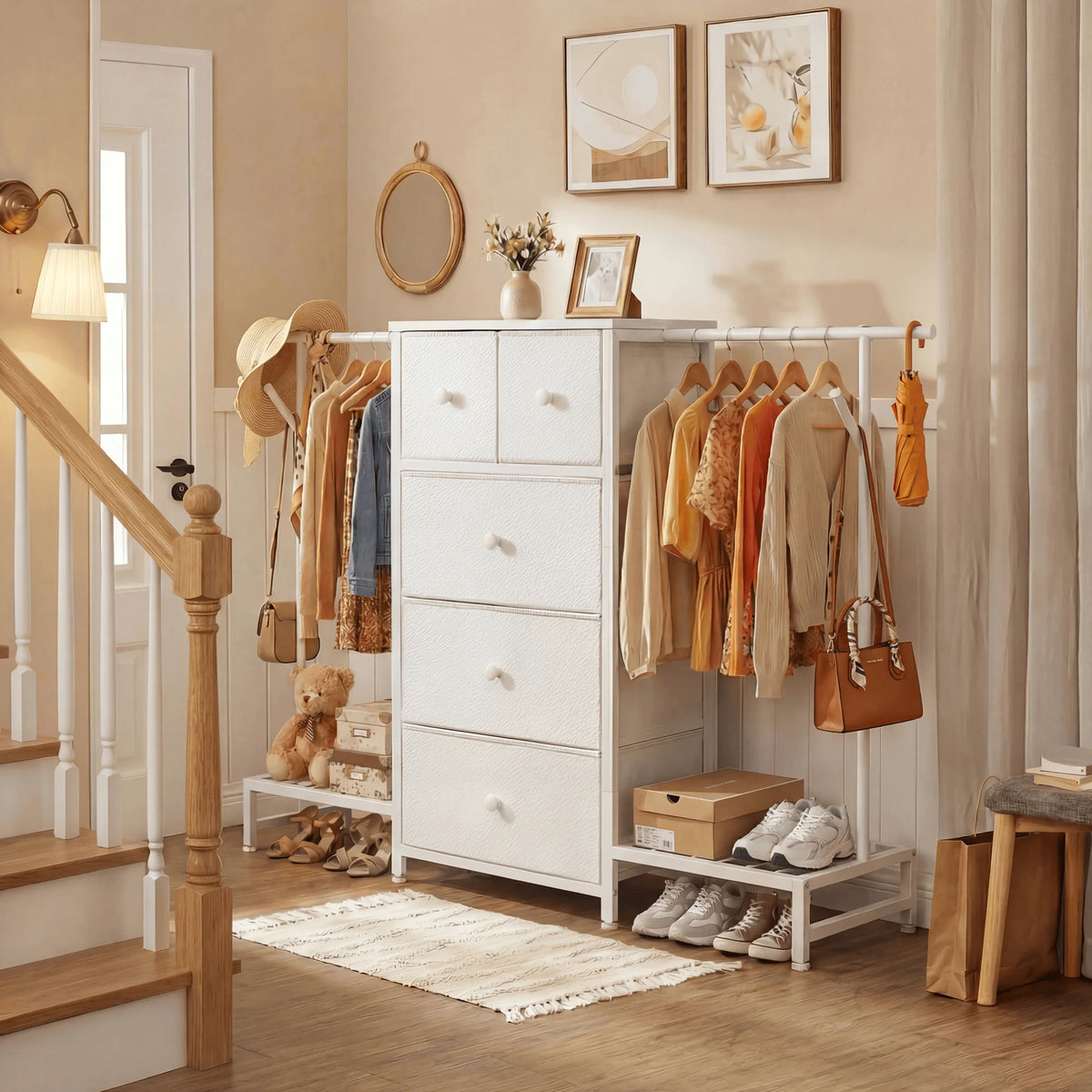 EnHomee Three In One Dresser Hanging Rack With Shoe Storage