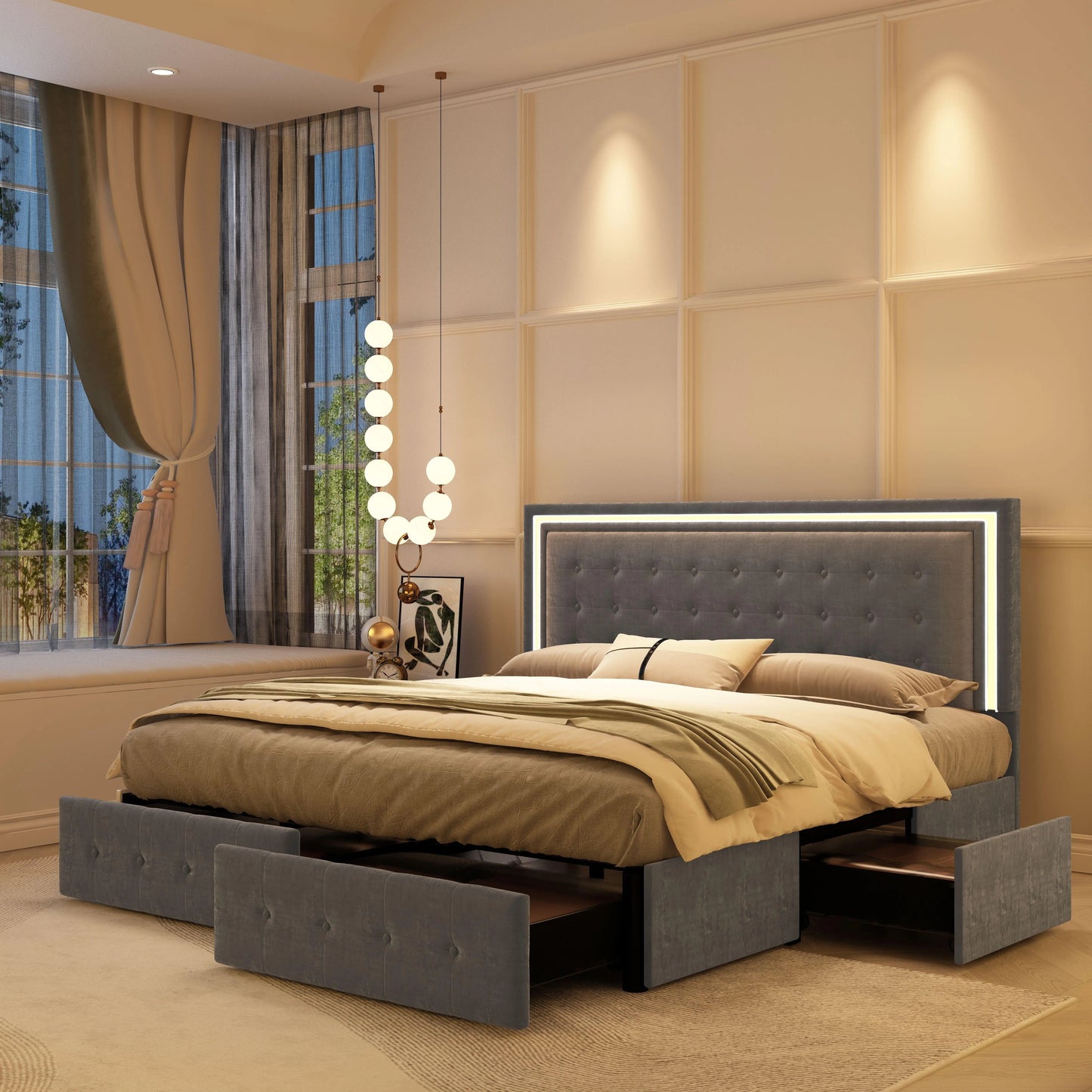GEGOFORU Bed Frame With 4 Storage Drawers And LED Headboard