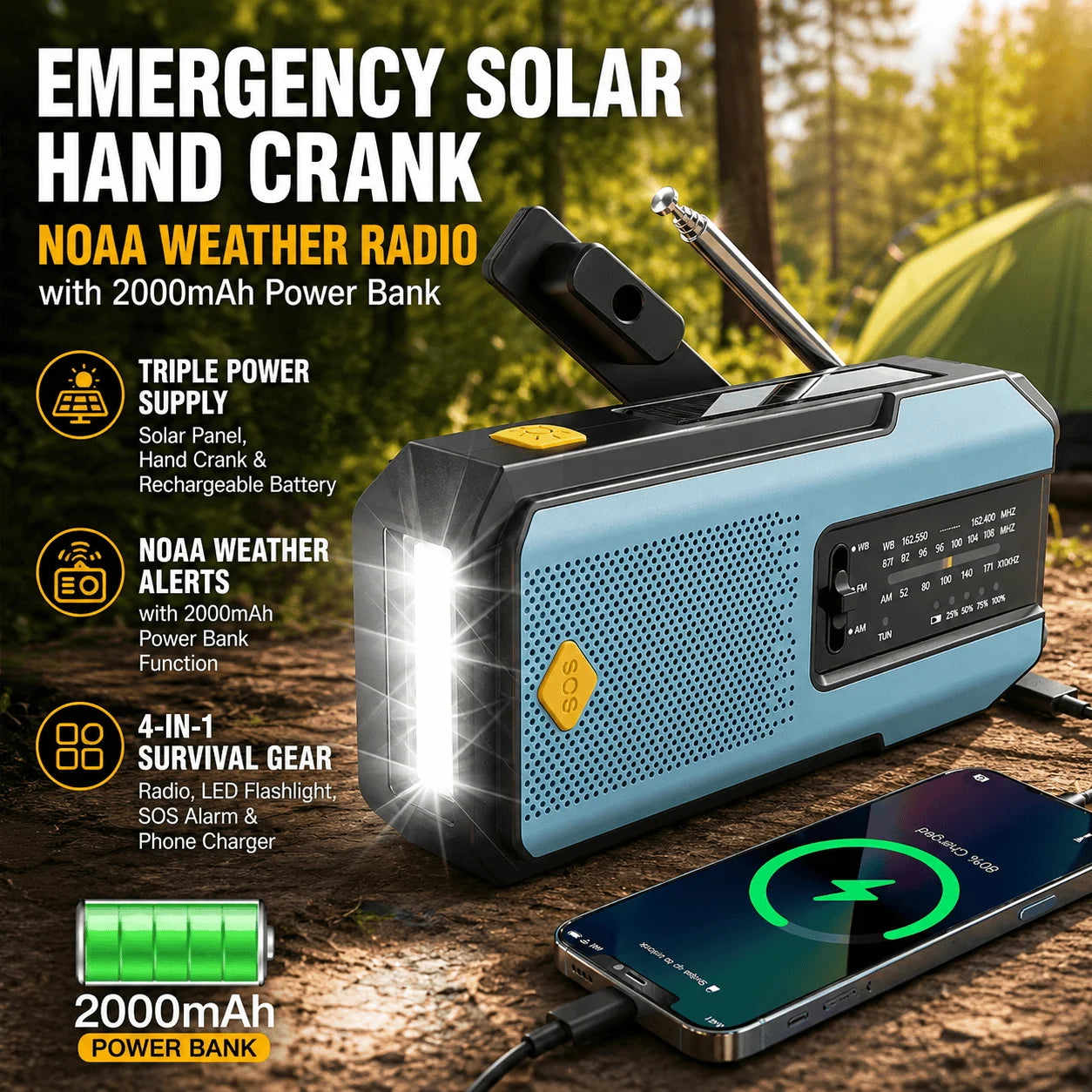 Stonigo Solar Hand Crank Emergency Radio With Power Bank Flashlight