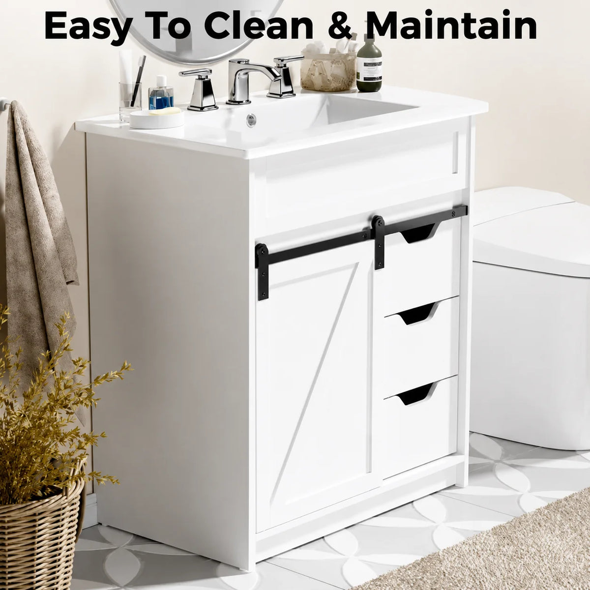 EVOKEDEN Farmhouse Bathroom Vanity With Sink Barn Door And Drawers