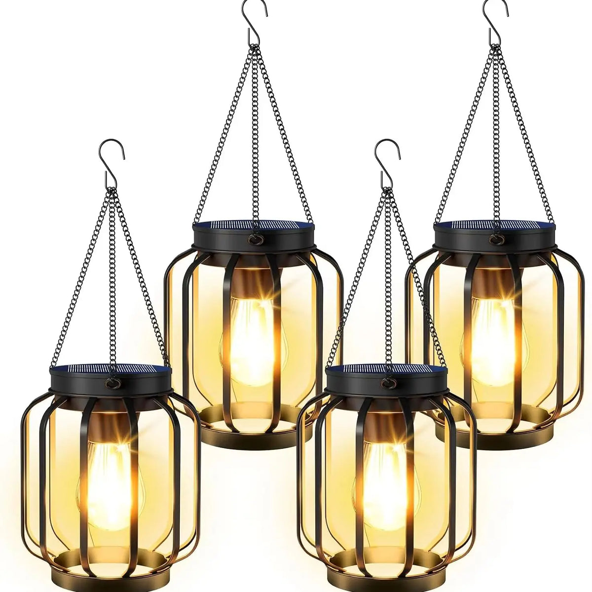 Waterproof Four Pack Outdoor Solar Lanterns With Auto Switch Hooks