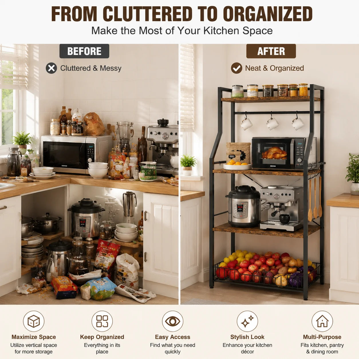 Freestanding Steel Kitchen Baker Rack With Microwave Stand And Shelf