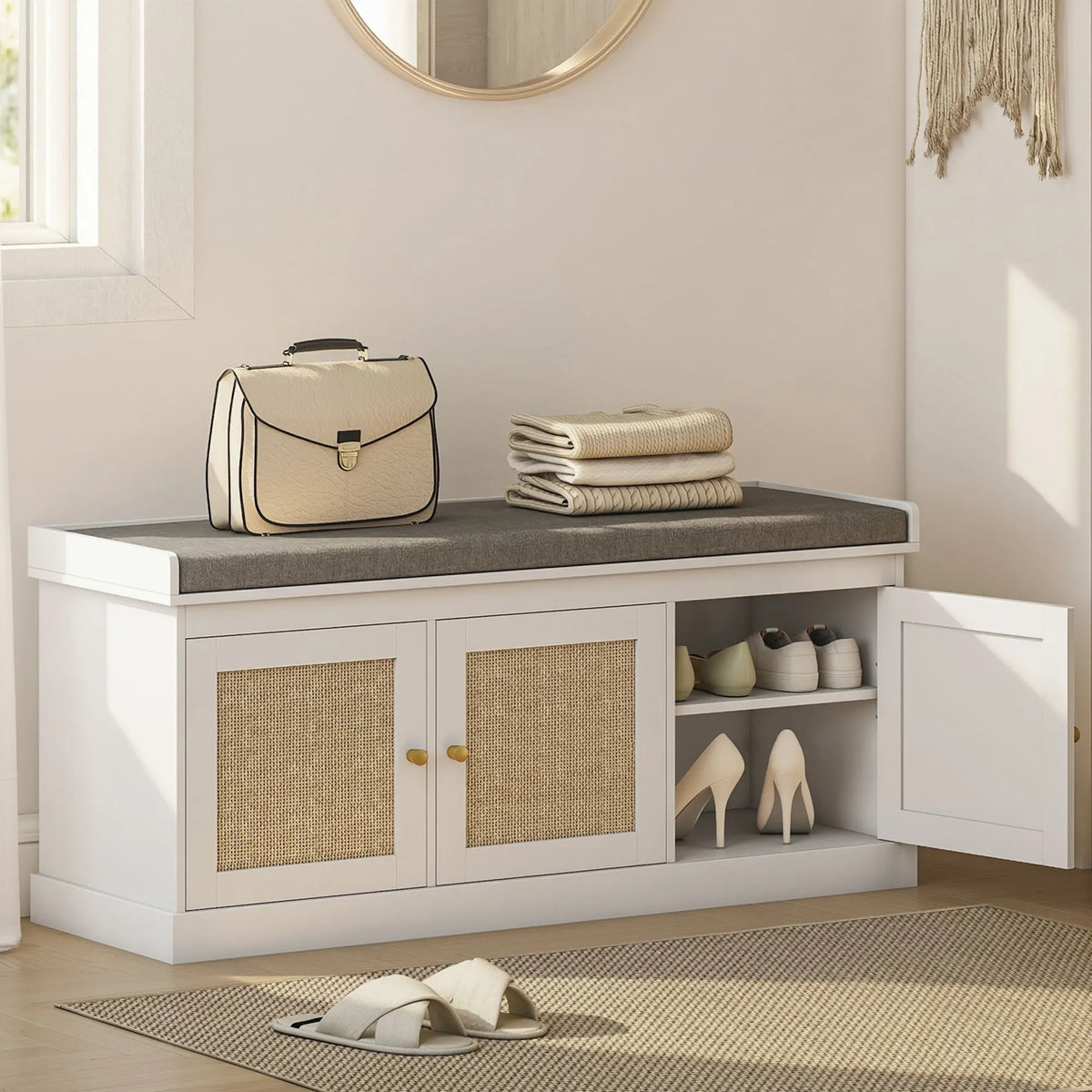 Boho Style Shoe Storage Bench with Woven Rattan Doors Cushion