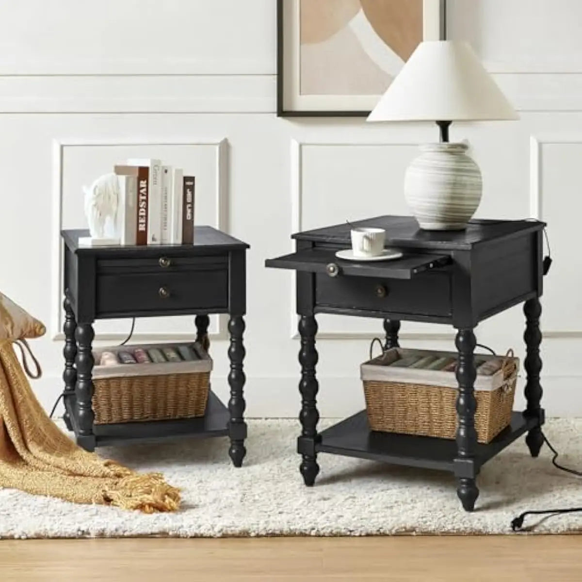 Modern Spindle End Table Set With Power Outlet And Drawer
