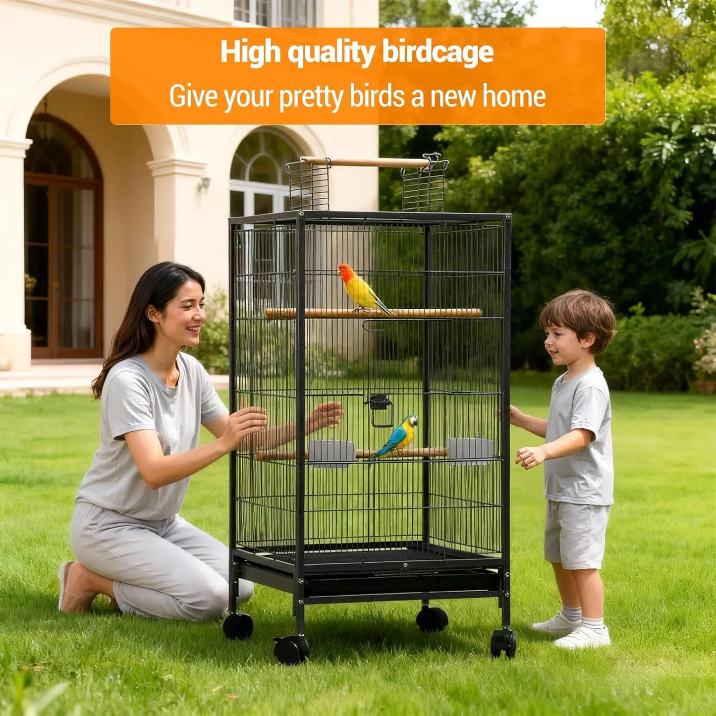 HiMISS Open Top Bird Cage With Rolling Stand And Feeder
