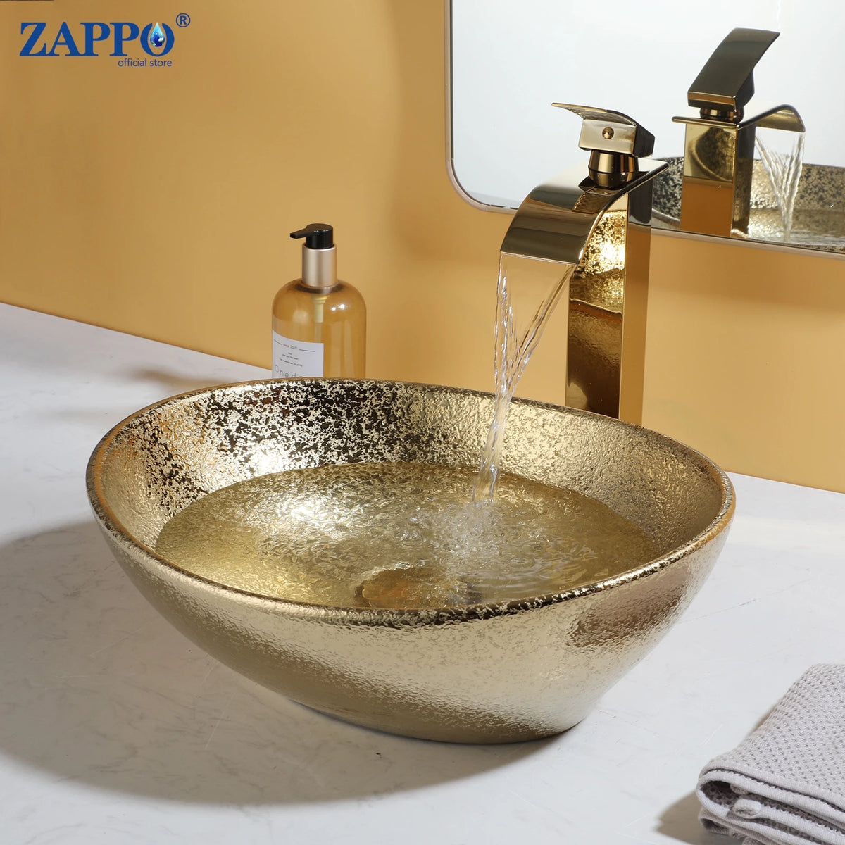 MEKKHALA Round Ceramic Vessel Sink Set Antique Brass Waterfall Faucet