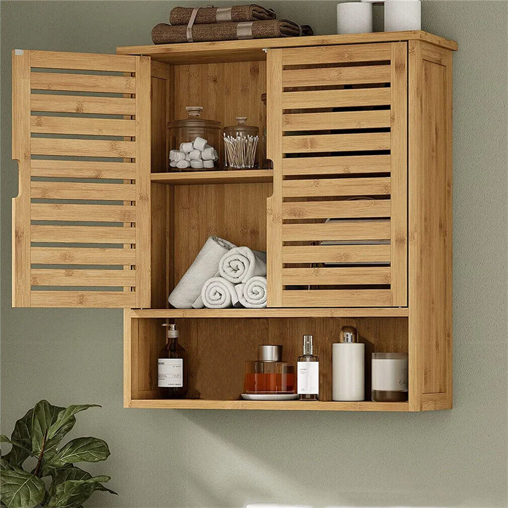 Natural Bamboo Wall Mounted Bathroom Cabinet With Adjustable Storage Shelf