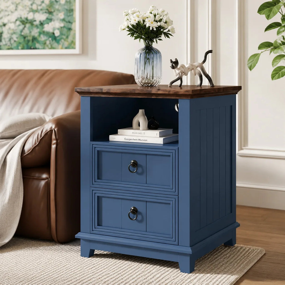 Modern Fluted Nightstand With USB Charging Station And Open Shelf