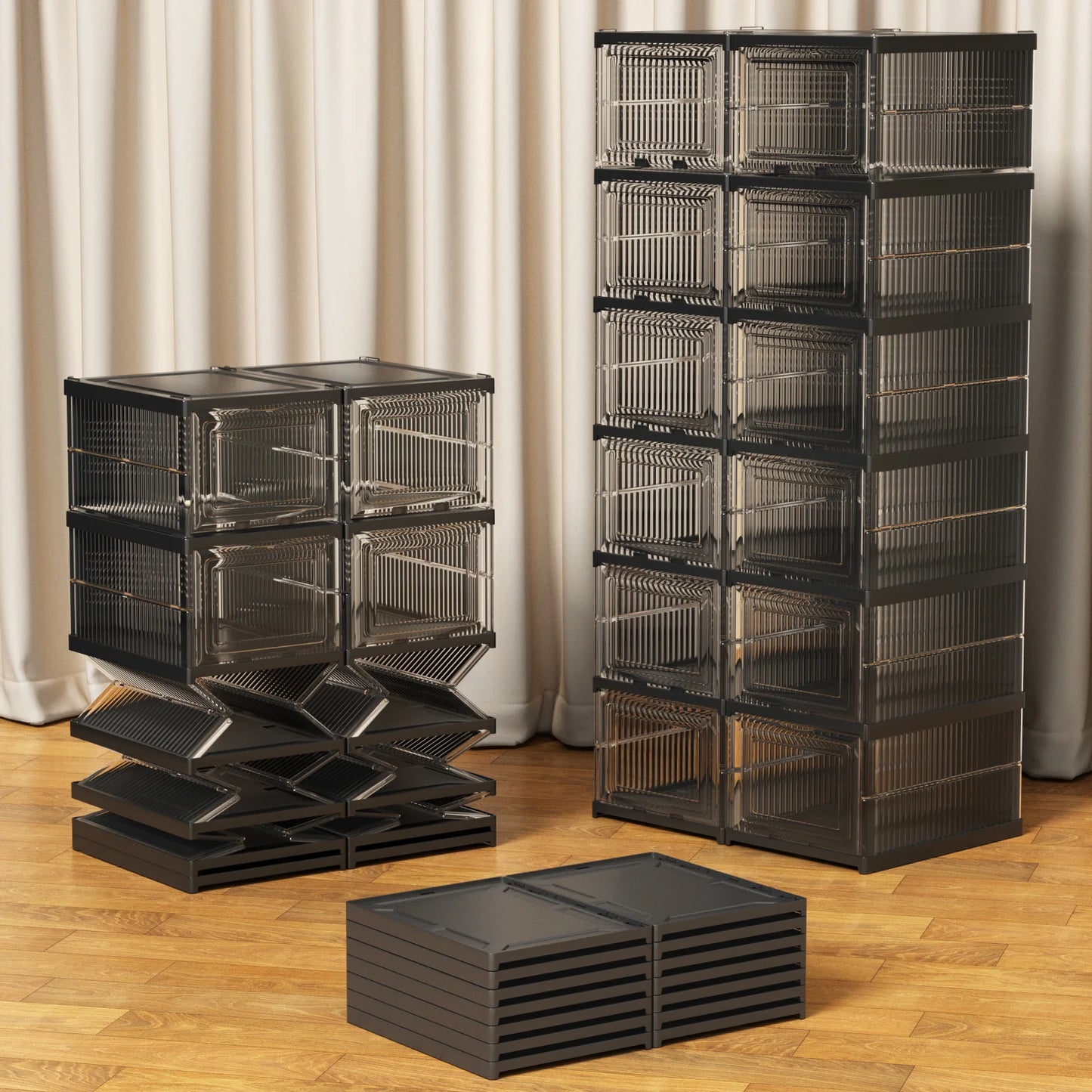 Foldable Transparent Shoe Box With Stackable Plastic Closet Organizer