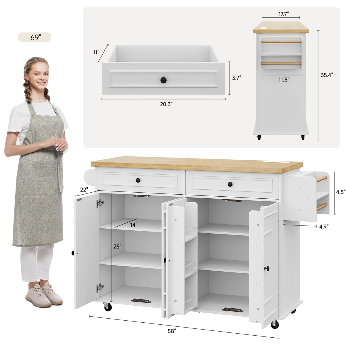 Rolling Wooden Kitchen Island Cart Featuring Drop Leaf Design
