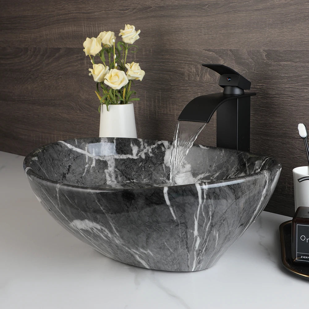 MEKKHALA Round Ceramic Vessel Sink Set Antique Brass Waterfall Faucet