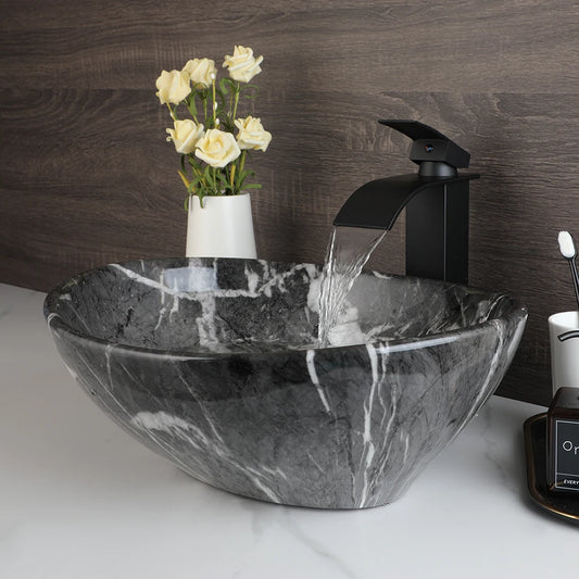 Mekkhala Ceramic Round Vessel Sink With Waterfall Faucet For Bathroom