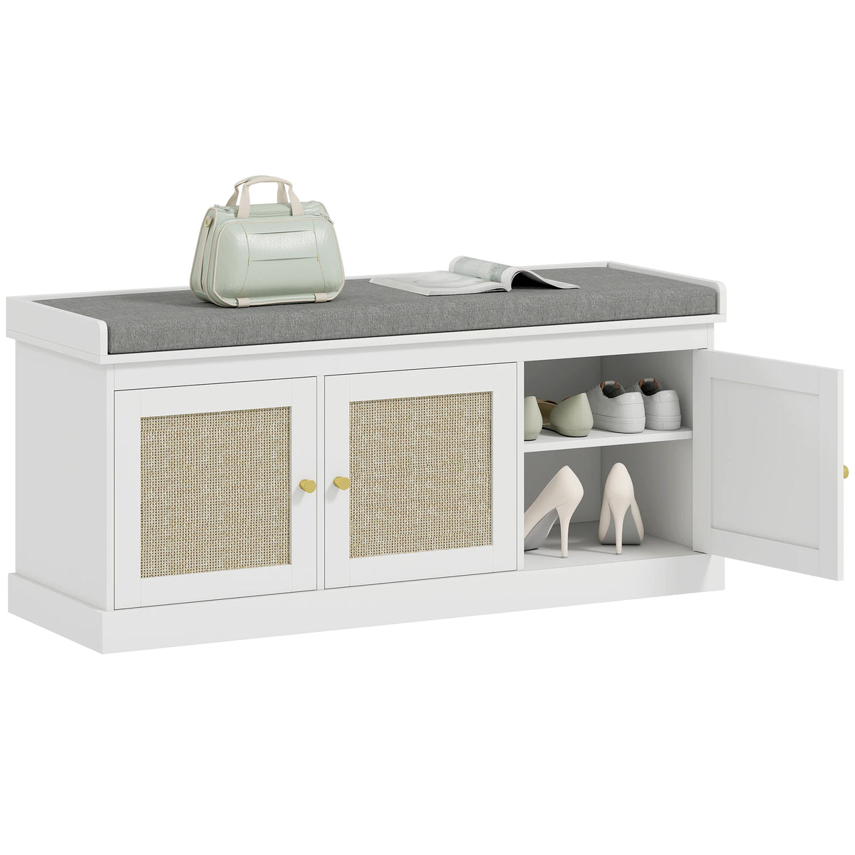Boho Style Shoe Storage Bench with Woven Rattan Doors Cushion