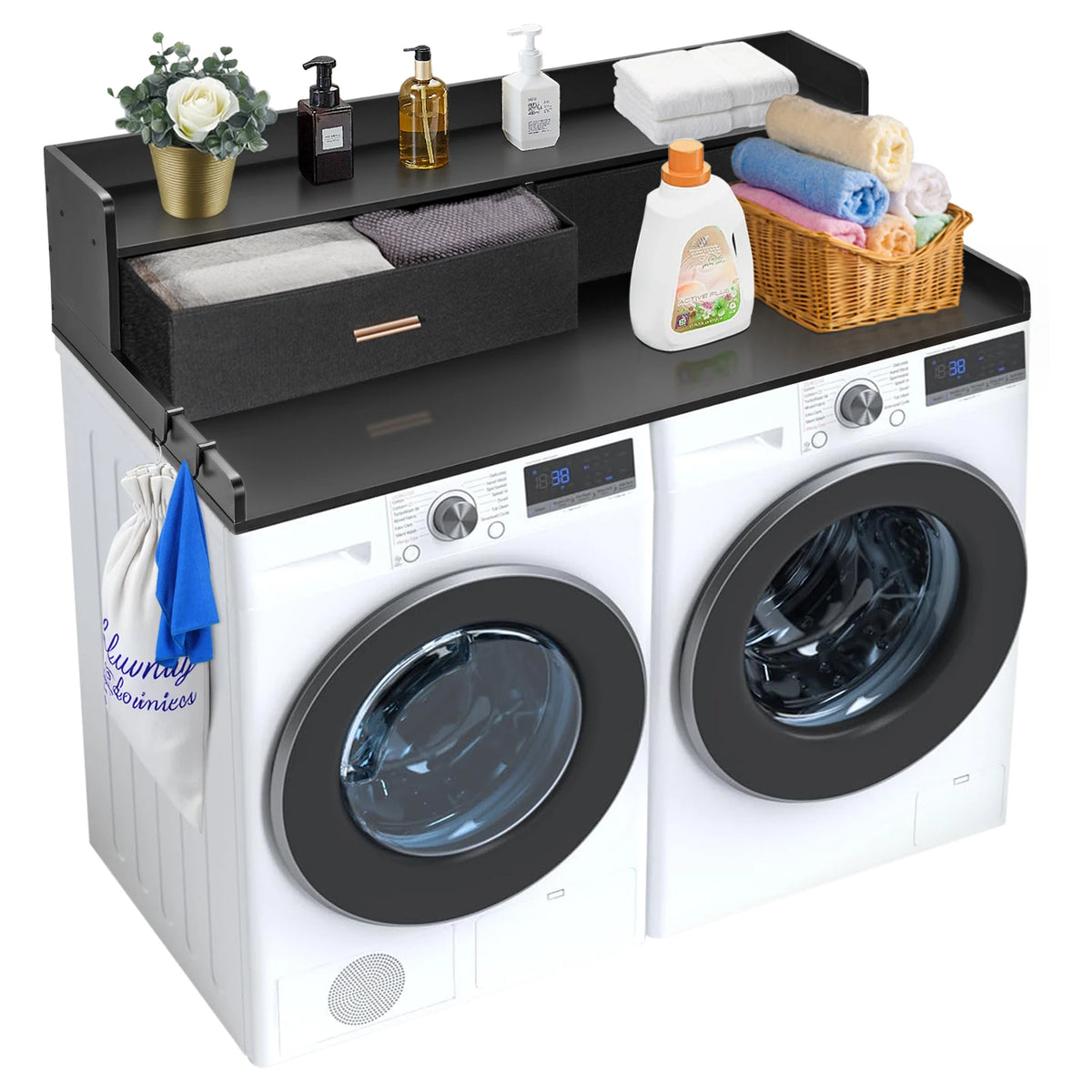 SucceBuy Corner Washer Dryer Countertop With Wooden Storage Shelf