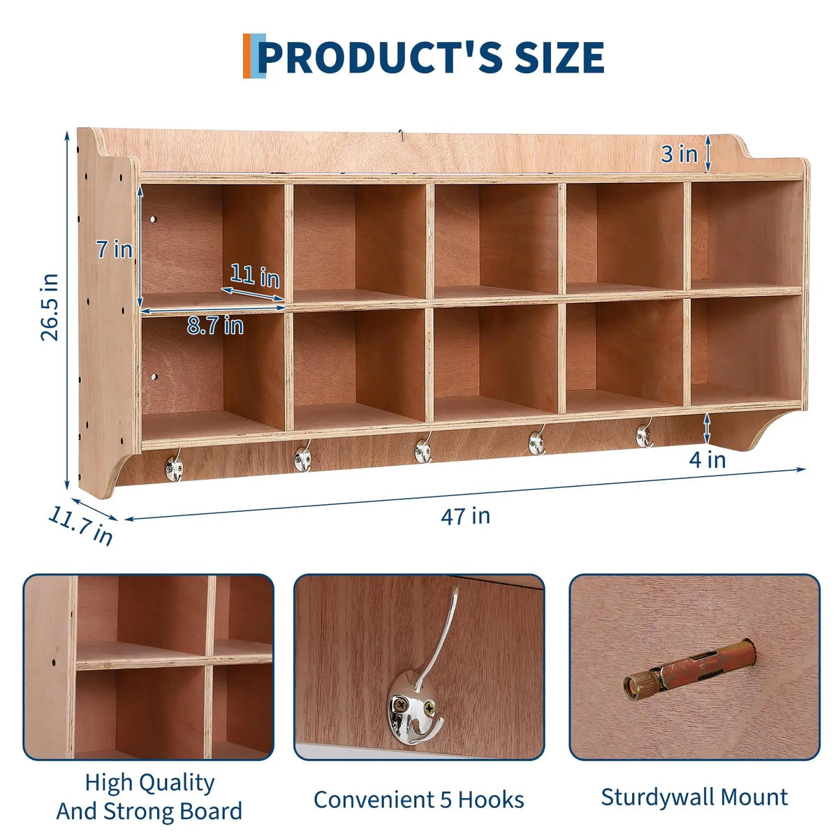 HiMISS Wall Mounted Wooden Kids Cubby Storage Organizer With Hooks