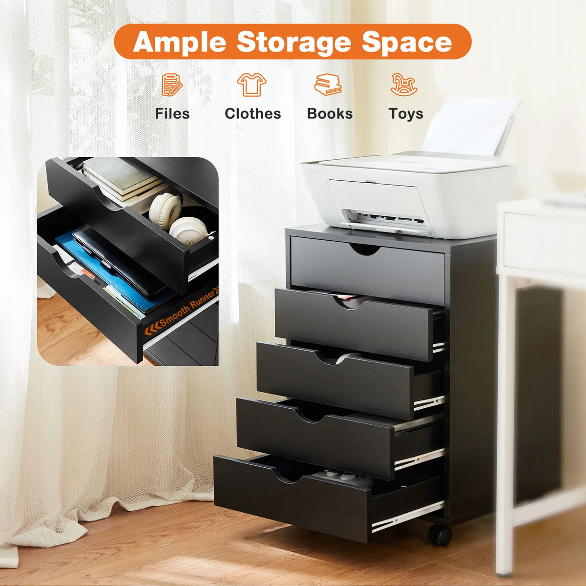 MCQ Wooden Rolling Storage Cabinet With Drawers For Living Room
