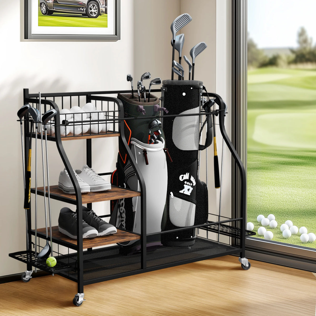 Multi Tier Rolling Golf Bag Storage Rack For Sports Equipment