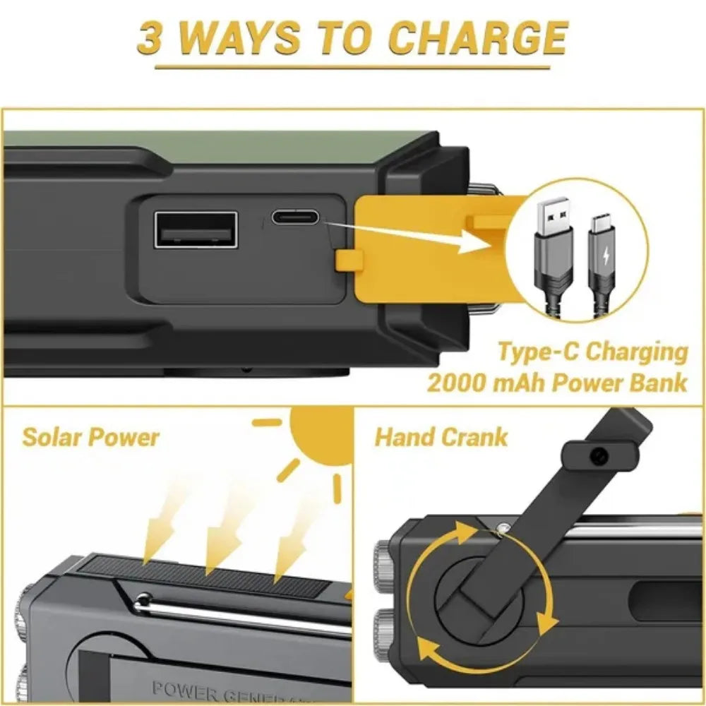 Stonigo Solar Hand Crank Emergency Radio With Power Bank Flashlight