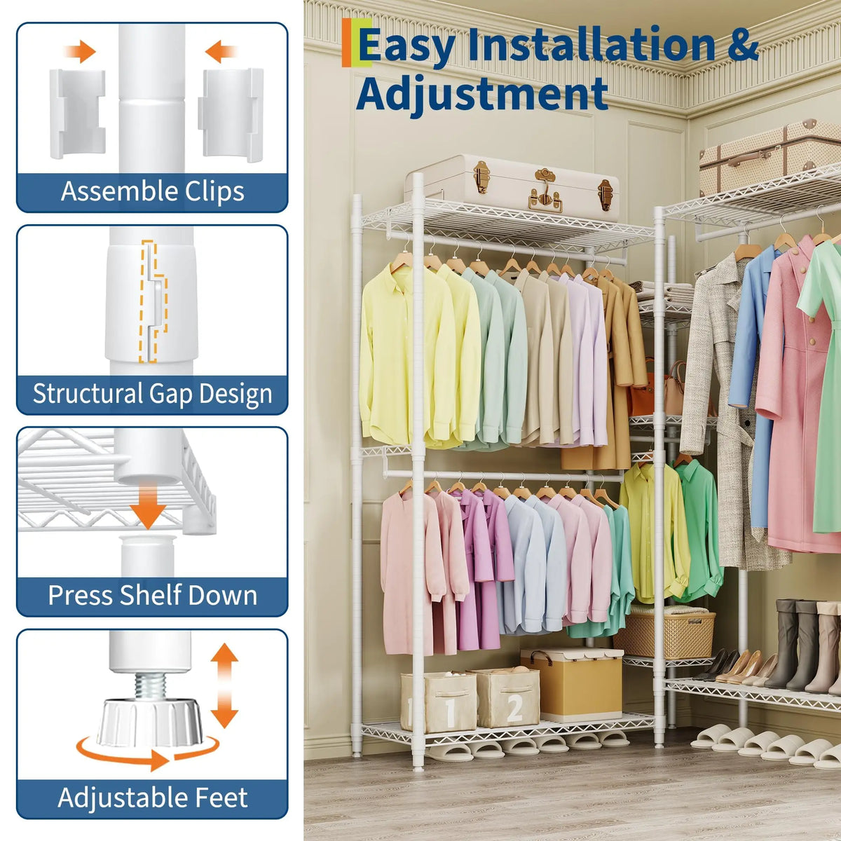 HiMiss Freestanding L Shaped Clothes Rack With Adjustable Shelves
