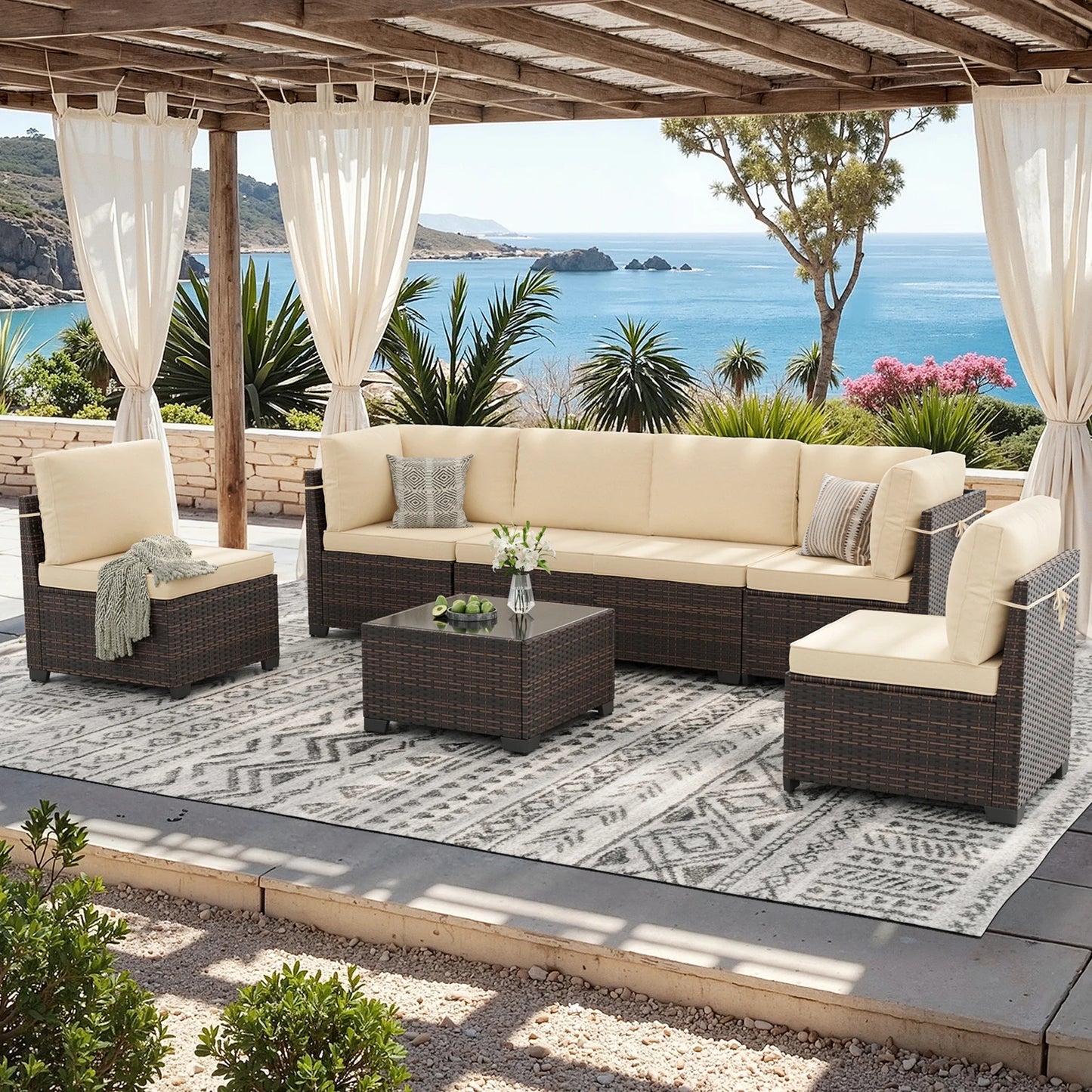 7 Piece Outdoor Rattan Patio Furniture Conversation Set