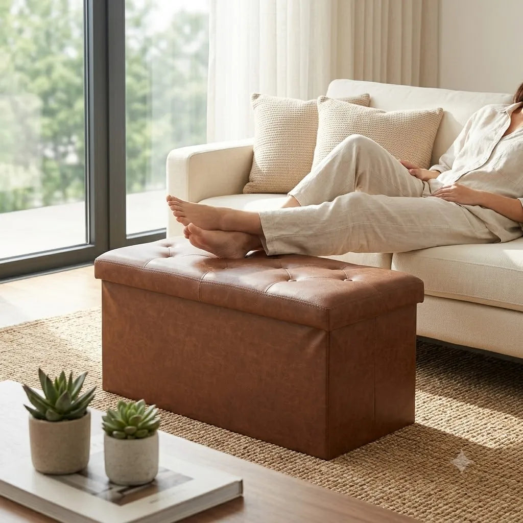 Tufted Leather Storage Ottoman Bench With Flip Top Hidden Compartment