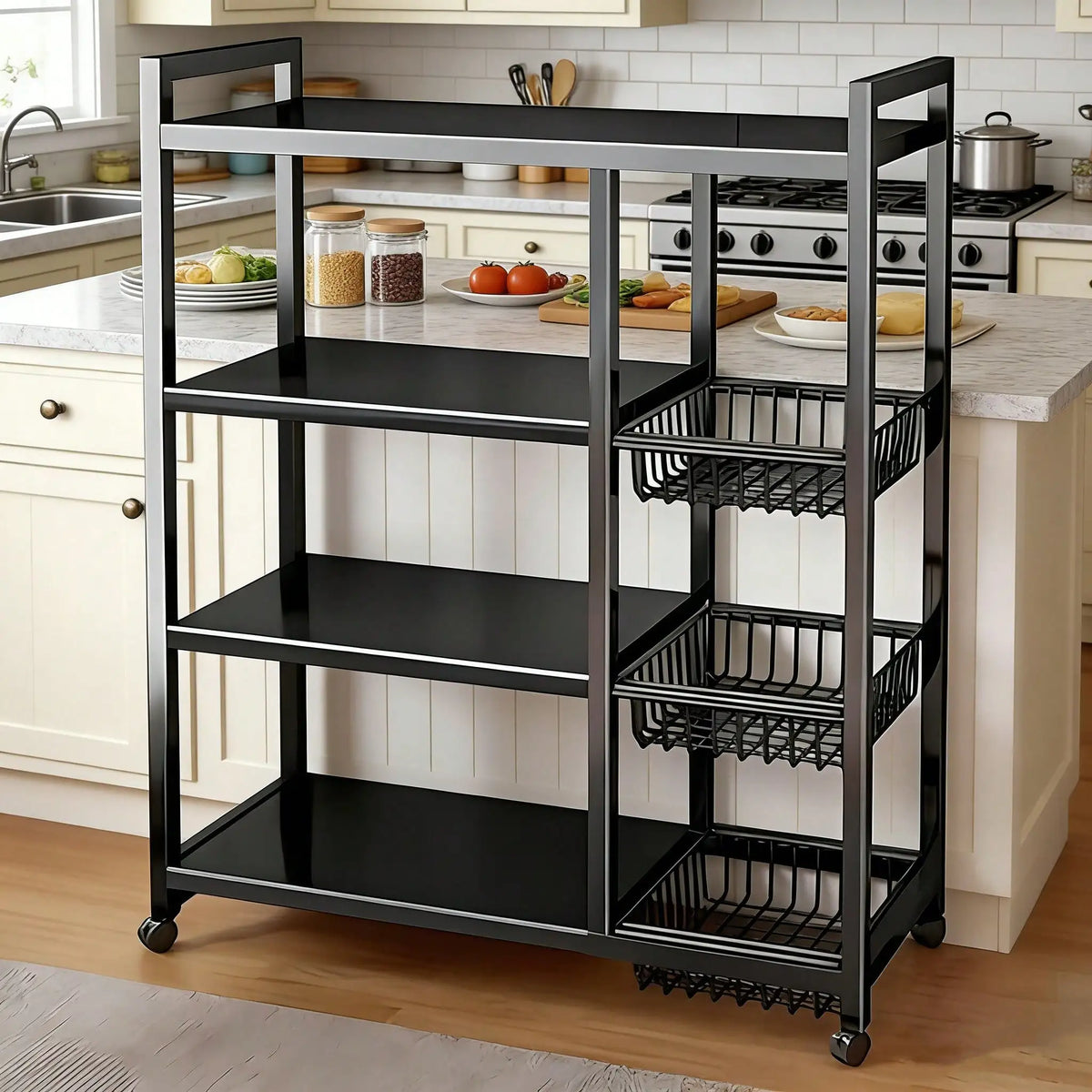 Heavy Duty Four Tier Metal Storage Rack With Three Baskets