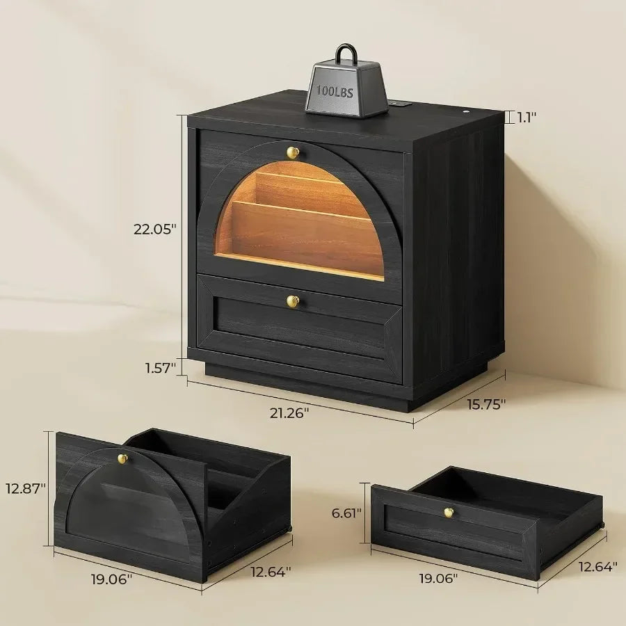 Modern Wood Nightstand With Charging Station, Lights And Arched Glass