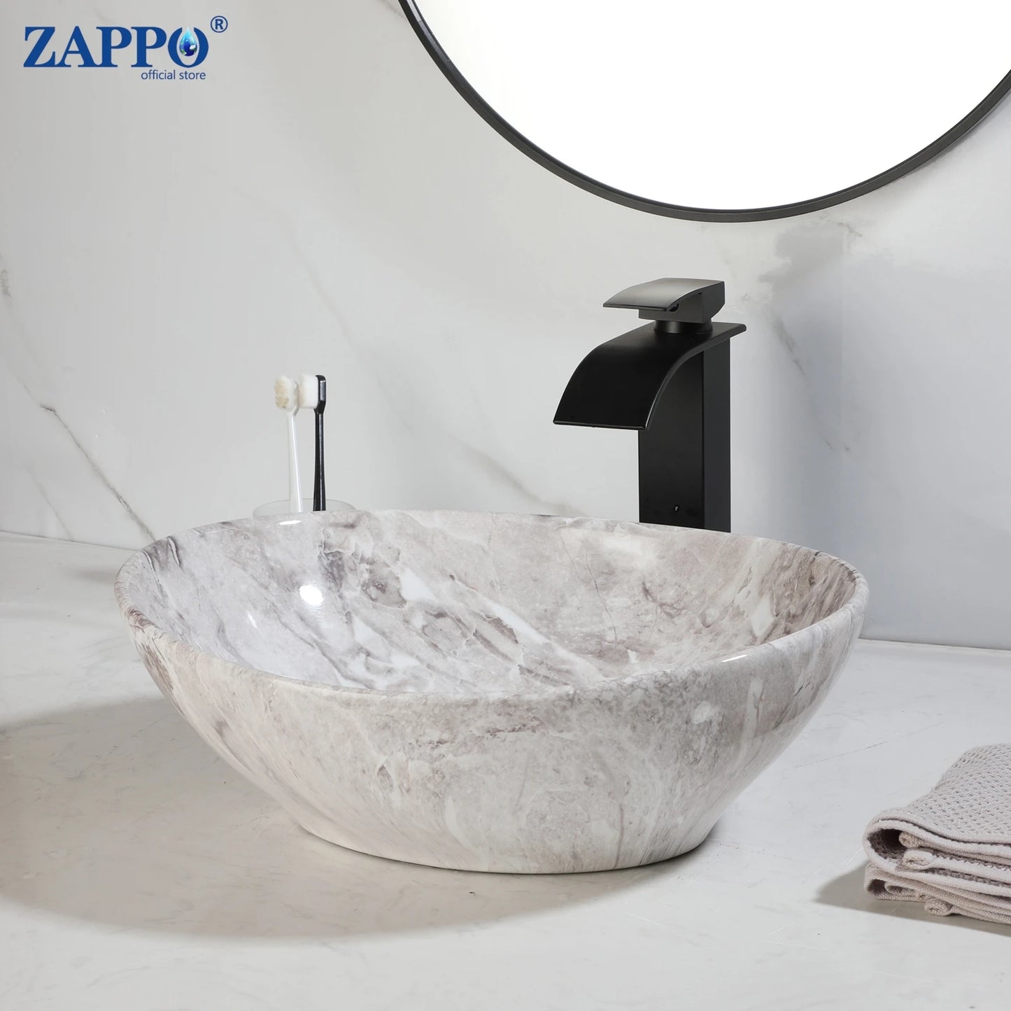 MEKKHALA Round Ceramic Vessel Sink Set Antique Brass Waterfall Faucet