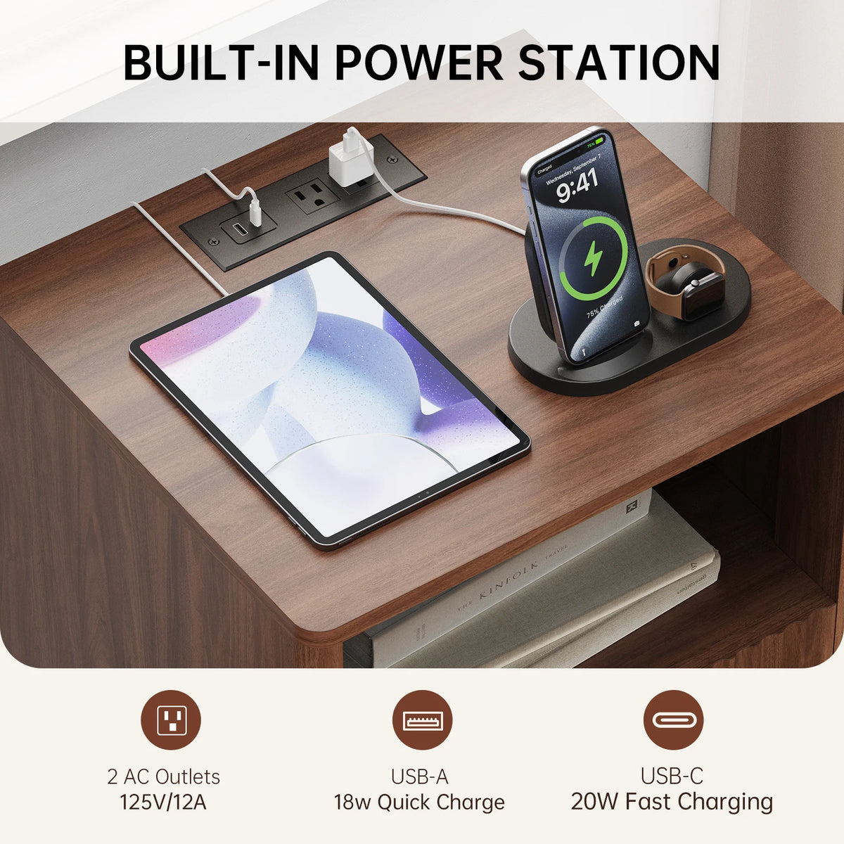TinyNest Fluted Nightstand with Charging Station and Storage Drawers