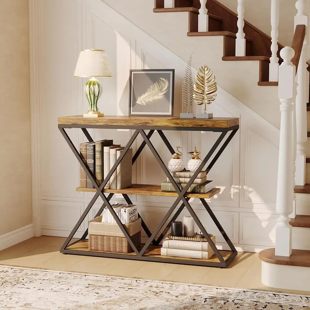 HiMISS Three Tier Farmhouse Console Table With Open Storage Shelves