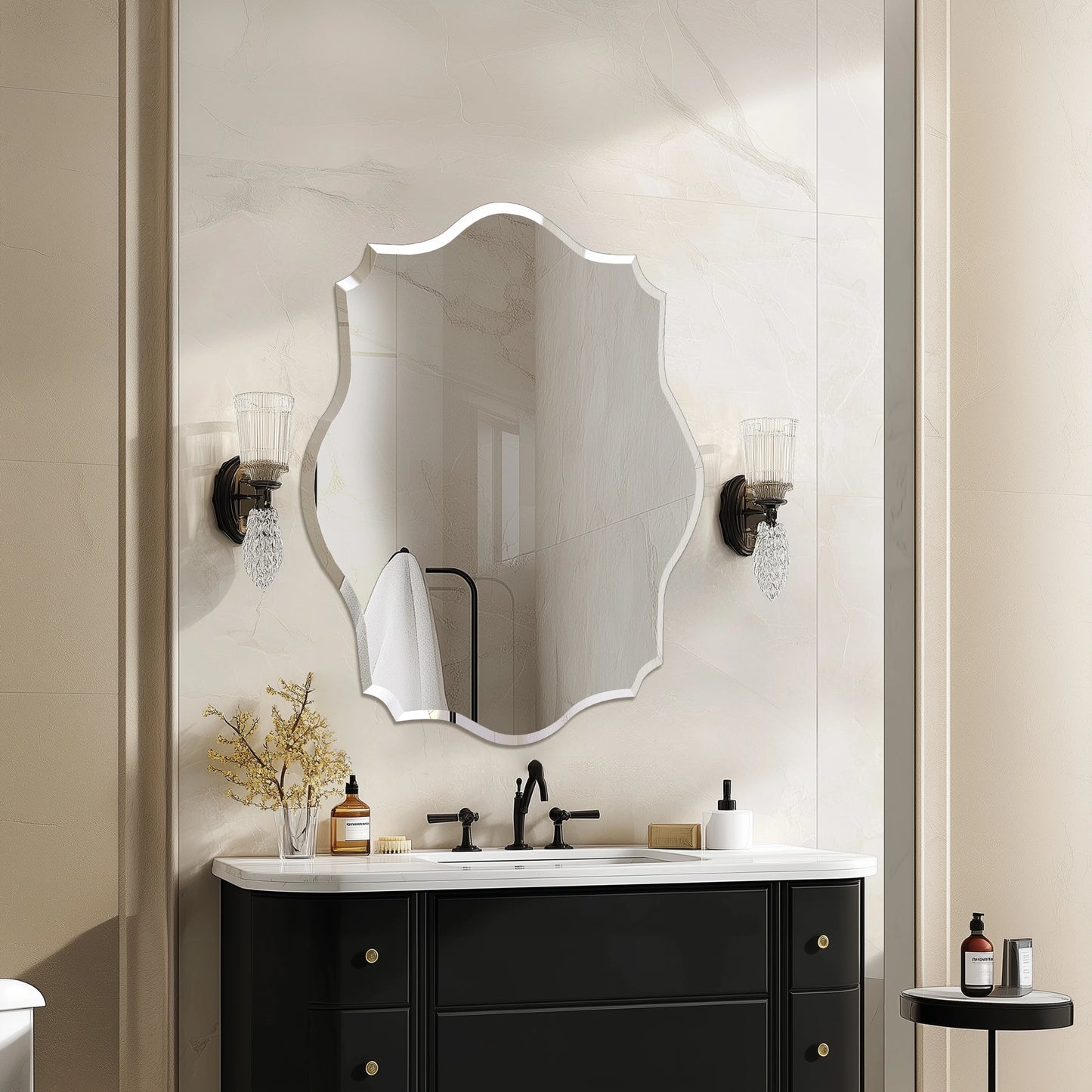 Wisfor Scalloped Frameless Beveled Wall Mirror For Bathroom Living Room