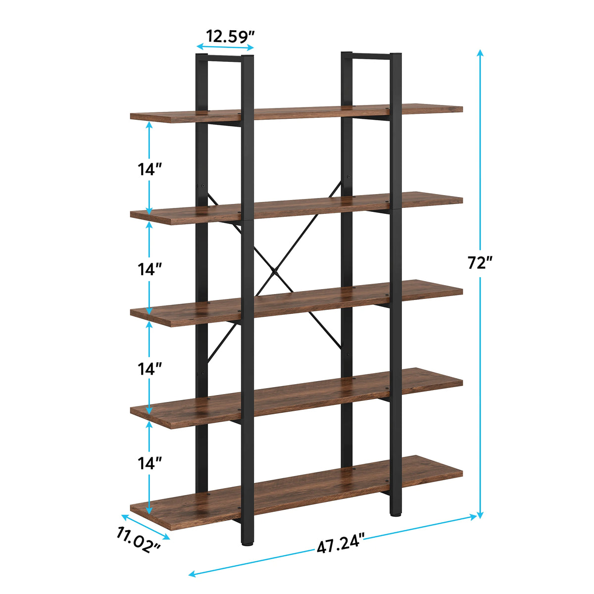 Tribesigns Five Tier Industrial Style Wooden Bookshelf Bookcase
