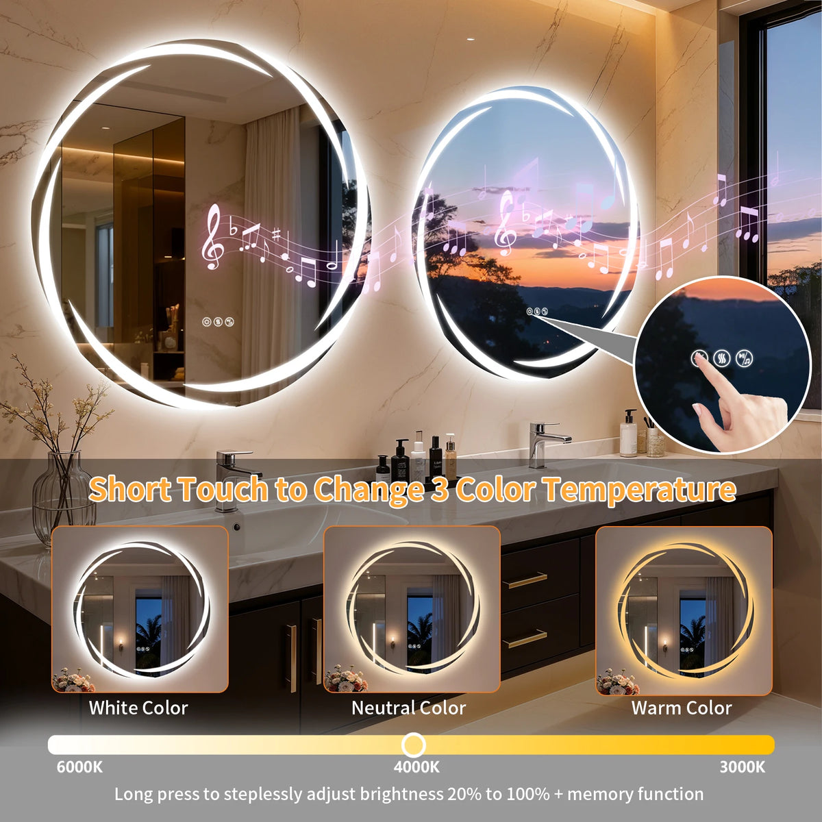 Round Led Bathroom Mirror With Bluetooth Speaker And Defog