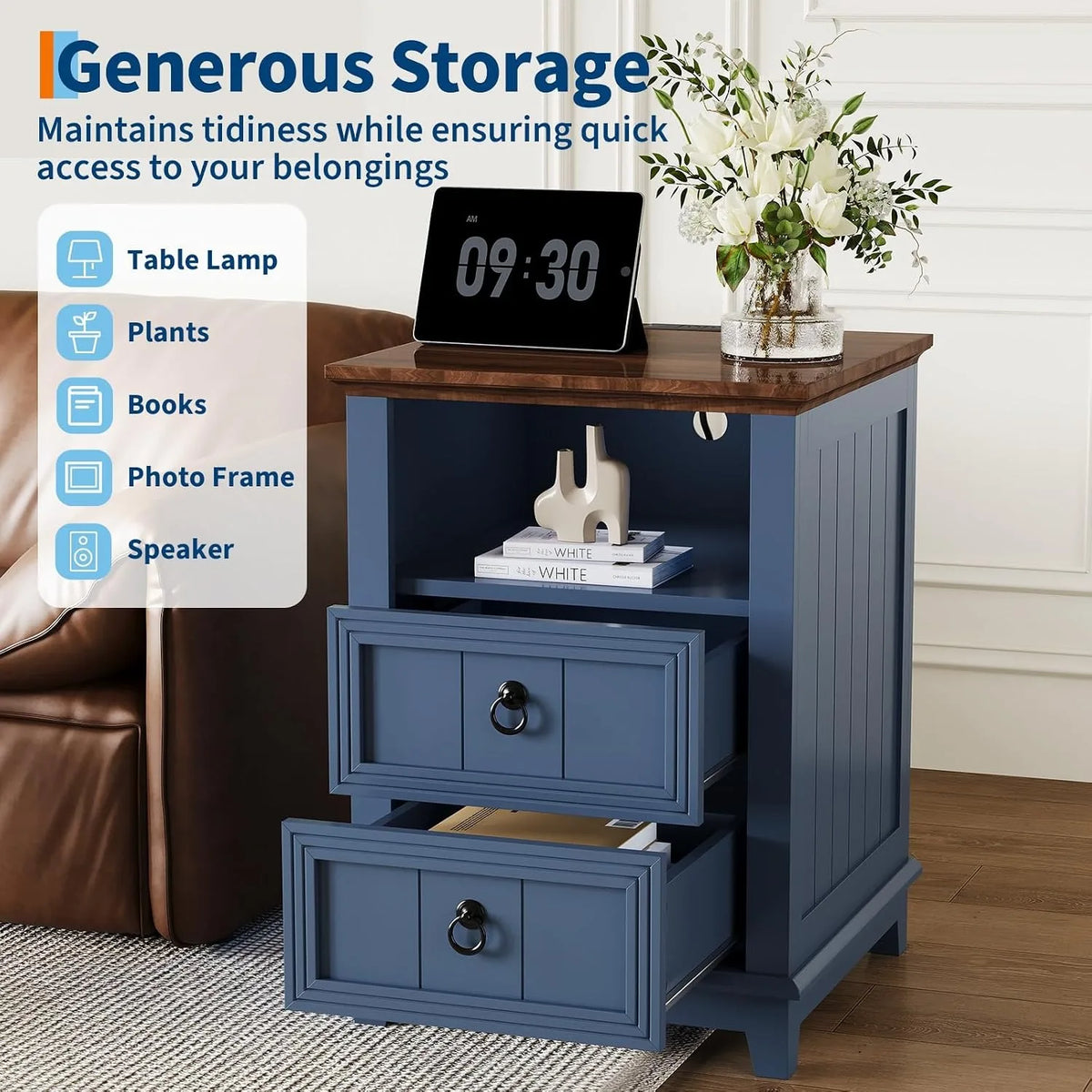 Modern Fluted Wood Nightstand With Usb Charger And Storage
