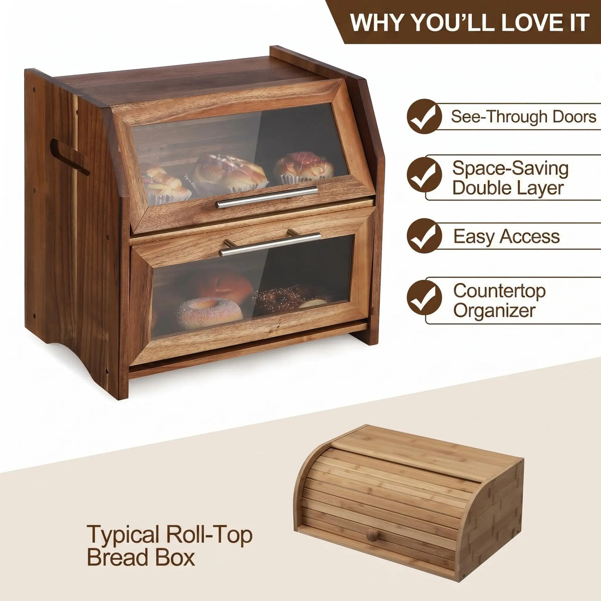 HiMISS Double Layer Acacia Wood Bread Box With Ventilated Storage